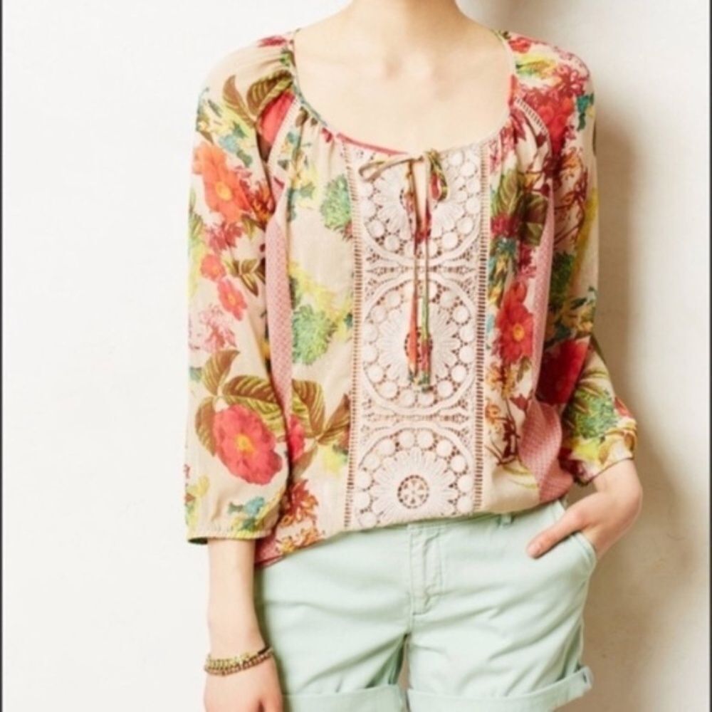 Anthro Meadow Rue Roselle Print/Crocheted Bodice Peasant Top‎ Sz S